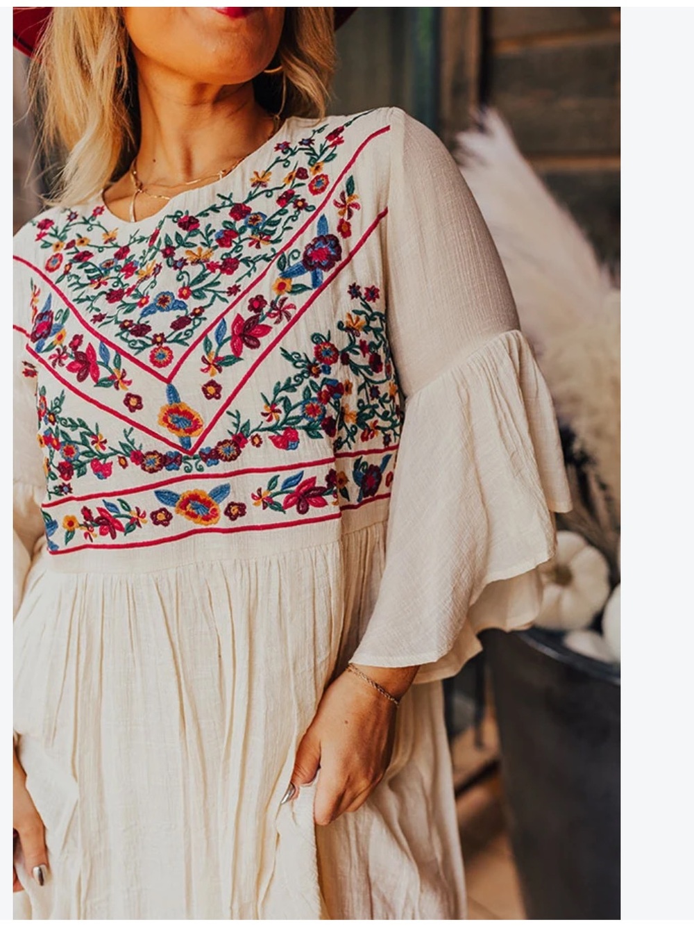 Umgee | Embroidered Cream Boho Midi Dress | Size L